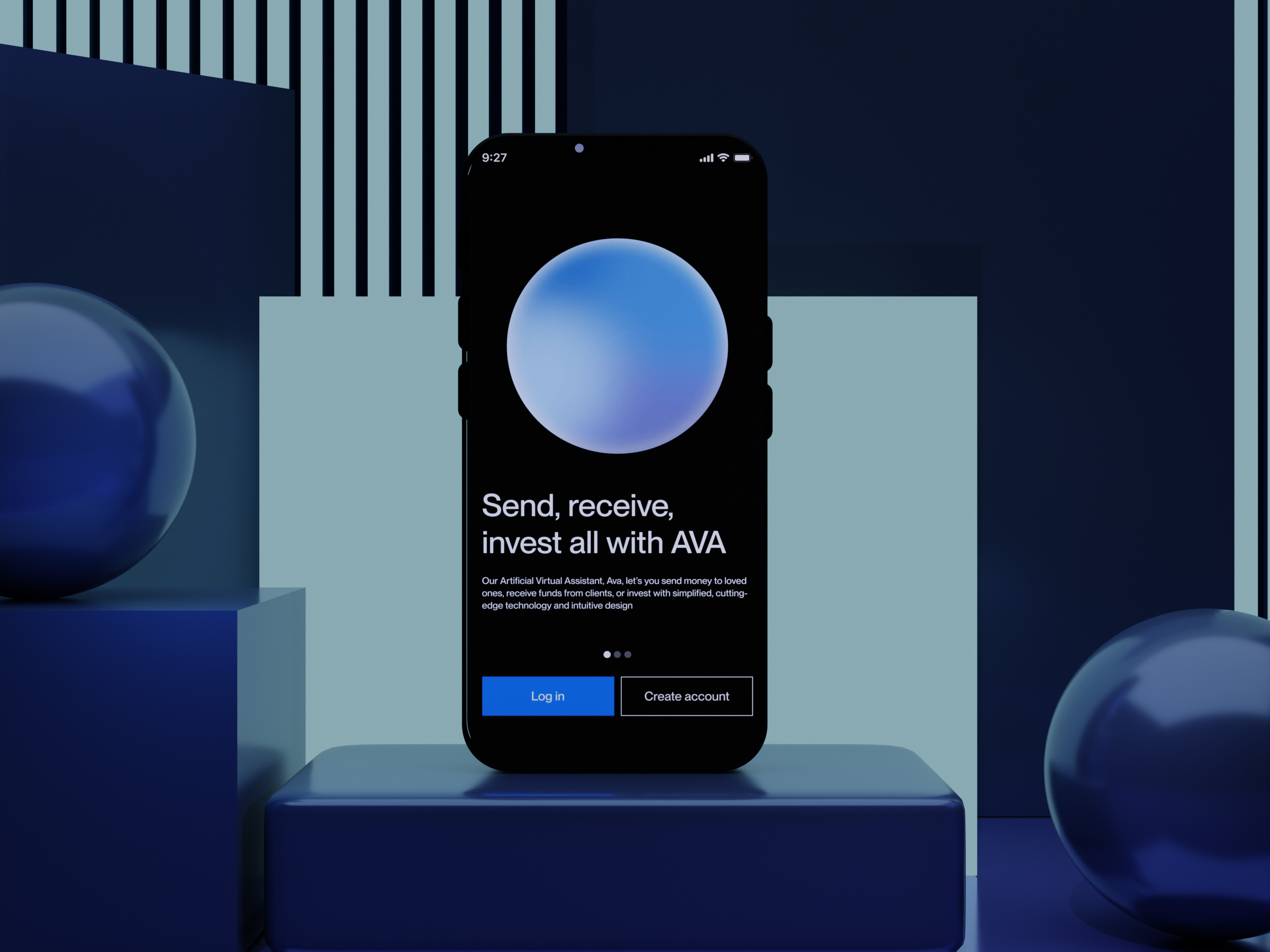 AVA - Artificial Virtual Assistant (mobile) 3d ai animation app artificial intelligence dark mode design fintech minimal mobile app motion graphics ui uiux ux