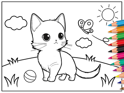 Cute Cat Playing on the Field Coloring Pages for Kids art artwork coloringbook coloringpages coloringsheets design illustration