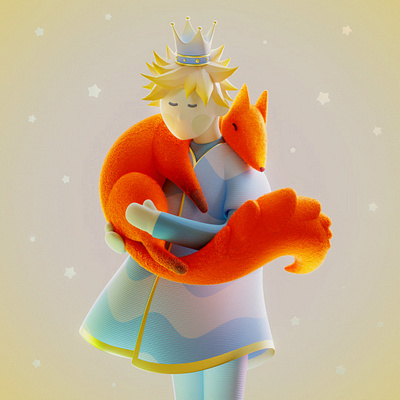 The little prince and the fox 3d animal character charadesign color colorful crown cute dream fox friend hug illustration king love orange peace poetry prince wolf