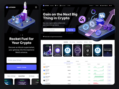 Revamped LATOKEN Homepage Design Unveiled 3d animation bitcoin blockchain crypto ethereum landing plastic rocket