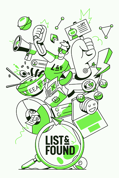 List & Found – Digital Marketing ai brand character design digital energy food google icon illustration james oconnell lines links logo marketing results search tech ui ux