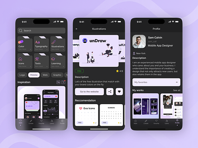 Design Tools App app application dark mode dark theme lilac mobile app purple ui uidesign