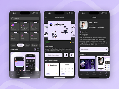 Design Tools App app application dark mode dark theme lilac mobile app purple ui uidesign