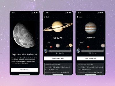 Space app app application astronaut dark theme jupiter moon planet research saturn space space app ux design