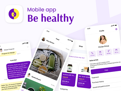 Be healthy App - online store app beforafter chat design health main page mobile mobile app news onbording online store profile purple shop shopping splash ui