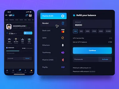 UP-X – Game Wallet Replenishment app design bets casino crypto csgo dashboard finance gambling game design game interface interface money transfer payment platform product design refill service transaction uiux web design