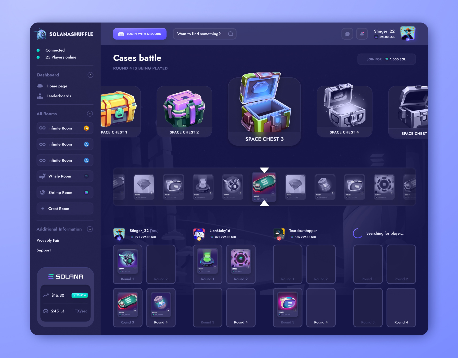 SOLANASHUFFLE: Case battle battle bets betting box case case battle case opening casino chest crypto crypto casino dashboard gambling game illustration jackpot open product design uiux web design