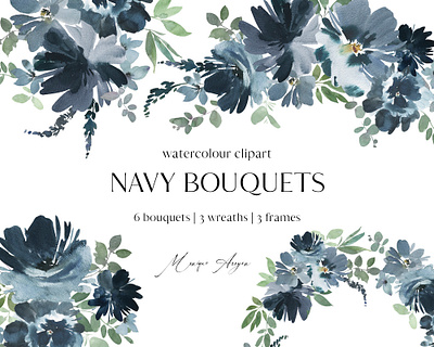 Navy Blue Watercolour Flower Clipart branding clipart design digital floral flowers graphics illustration logo