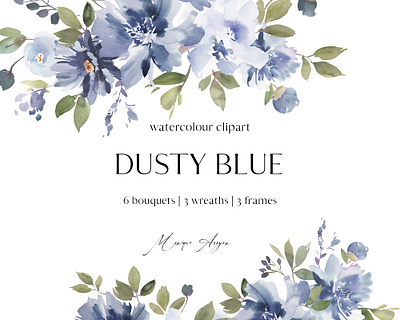 Dusty Blue Watercolour Floral Clipart branding clipart design digital floral flowers graphics illustration logo