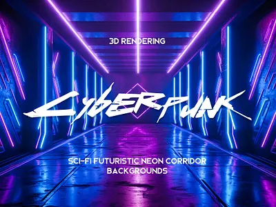 Neon Cyberpunk Corridor 3D Backgrounds 3d 3d render abstract backdrop background corridor cyber cyberpunk futuristic gradient illustration landing page lights neon neon colors party render sci fi urban wallpaper