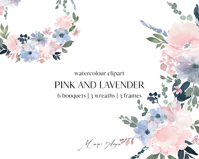 Pink and Lavender Watercolor Clipart branding clipart design digital floral flowers graphics illustration logo