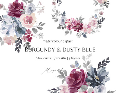 Burgundy and Dusty Blue Watercolor Floral Clipart branding clipart design digital floral flowers graphics illustration logo