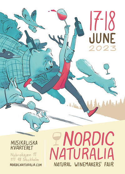 Nordic Naturalia affiche animals bear deer drinking wine fox illustration natural wine naturalia nordic poster running wild animals wine