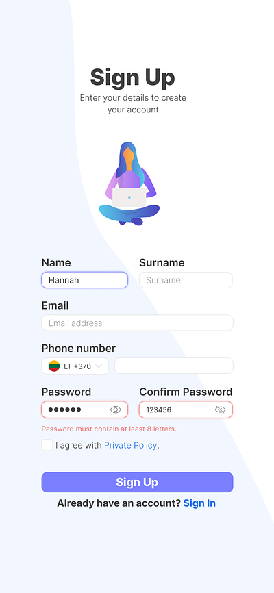 Sign Up page ui