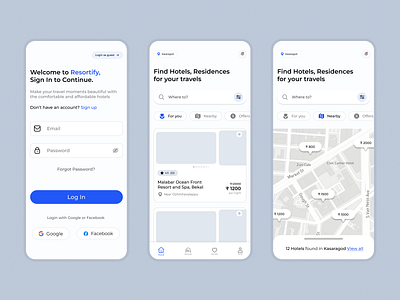 Resortify - Hotel Booking App app design blue booking branding design easy figma high fidility hotel booking login map new price resort booking search simple ui ui design