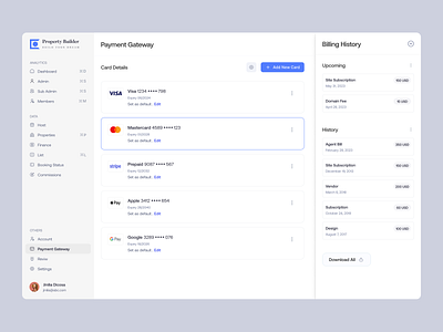 Property Management - Payment Gateway admin admin dashboard colean ui complex saas ui credit card dashboard design payment payment method property management real estate real saas saas saas admin saas dashboard saas ui ui uiux web app web app ui