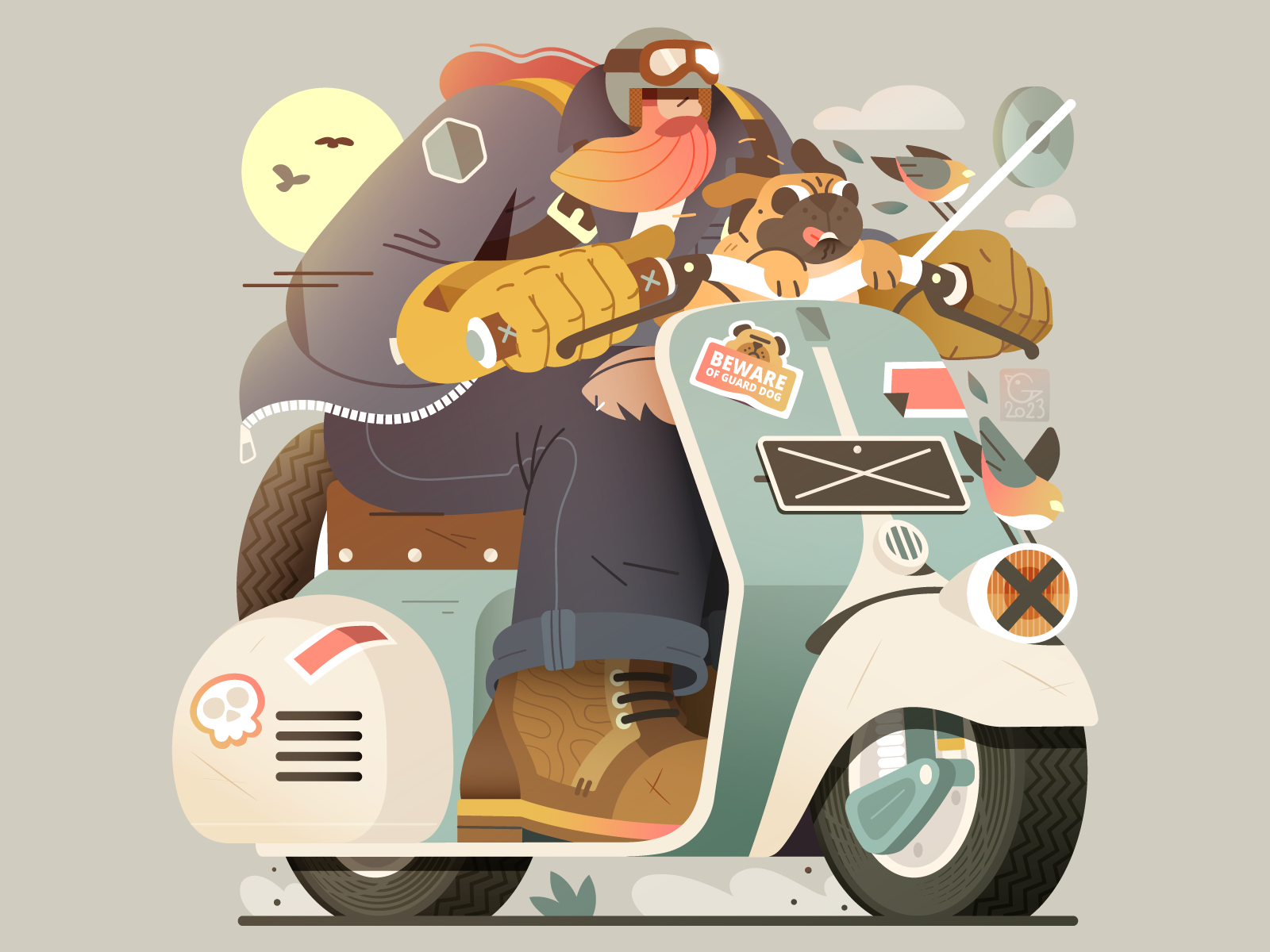 Beware of guard dog! 🐶 bird birds character dog flat illustration moto motorcycle pug retro road speed stickers vector vintage