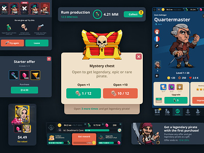 Idle Pirates • UI button chest close button crystal fight game game ui gem icon illustration item key mobile game notification pirate rum skull ui unity upgrade