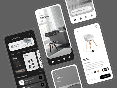 Furniture Mobile App 🛋 | Hyperactive app chair design e commerce furniture grey hyperactive ikea interfaces mobile monochrome product design store table typography ui ux web design