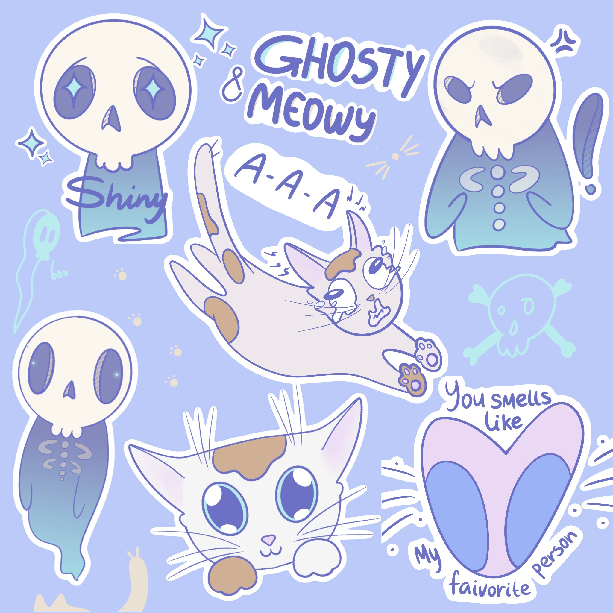 Ghostly and Meowy graphic design illustration stickers