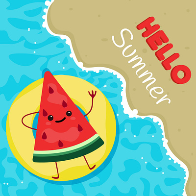 Watermelon on an inflatable circle in cartoon style adobe illustrator beach flat design sand summer vacation watermelon