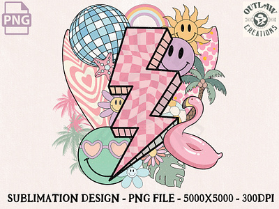 Retro Groovy Summer Sublimation design for Tshirt beach design groovy hippie lightning bolt png retro smiley face sublimation summer vocation