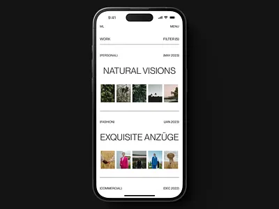 Photography Portfolio Work Page (Mobile) clean creative design grid grids interaction design ios iphone layout minimal mobile mobile design modern photography portfolio ui ui design uiux user interface web