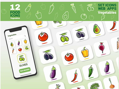 12 stylized vegetables icons food