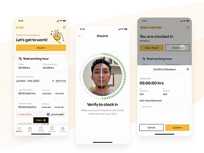 Paie Mobile Clock In Interactions app attendance clock in crm employee facial hour hr hrm management payroll recognition saas salaries time time track ui ux workforce working