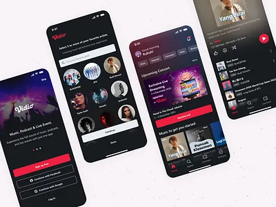 Vidio Music, Podcast & Live Event Mobile App entertainment app live event live event app mobile app mobile design music music app podcast podcast app ui design vidio