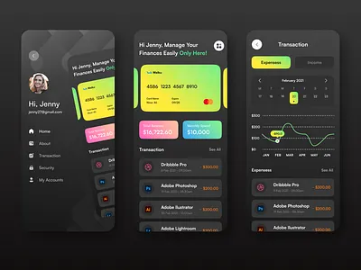 Finance mobile app UI/UX design app application bankapp calendar chartui cleanui creative dailyui design finance financeapp homescreen ios iosapp minimalist sidemenu ui uiux ux
