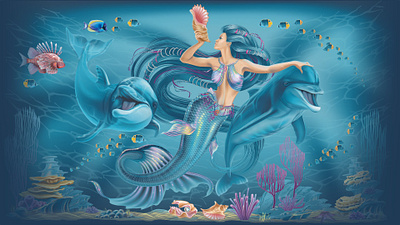 mermaid and dolphins beautiful freelance illustration vector