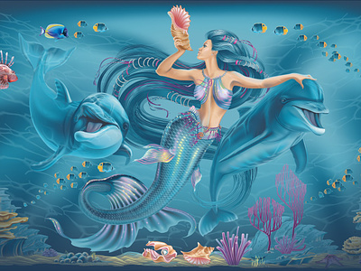 mermaid and dolphins beautiful freelance illustration vector