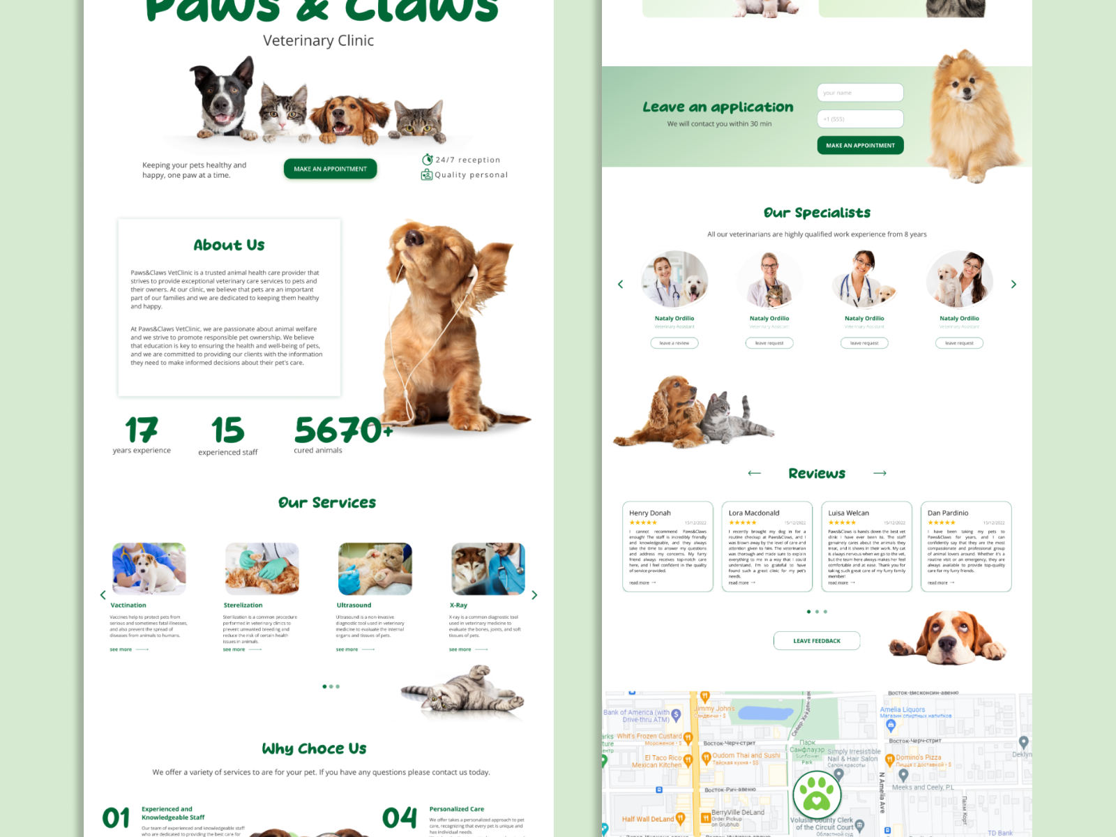 Landing page & mobile version for vet clinic paws&claws design by Olga