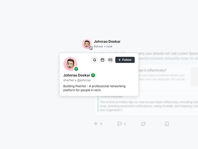 User Hover Card - Peerlist Scroll content feed feed hovercard peerlist product design professional network social network ui