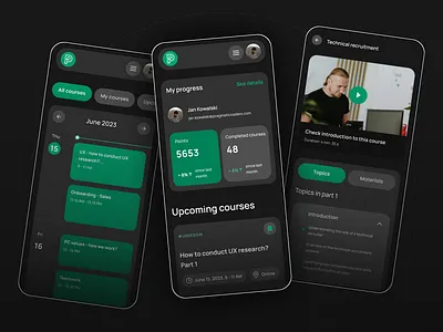 Training automation system app branding calendar dark darkmode design elearning green hr learning mobile mobileapp new newshot productdesign typography ui ux video