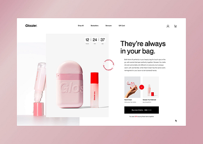 Glossier | promo page concept animation attractive beauty contact form cosmetics design e commerce elegant feminine graphicdesign landingpage motiongraphics pink shop shop beauty store typography uxui visualdesign web