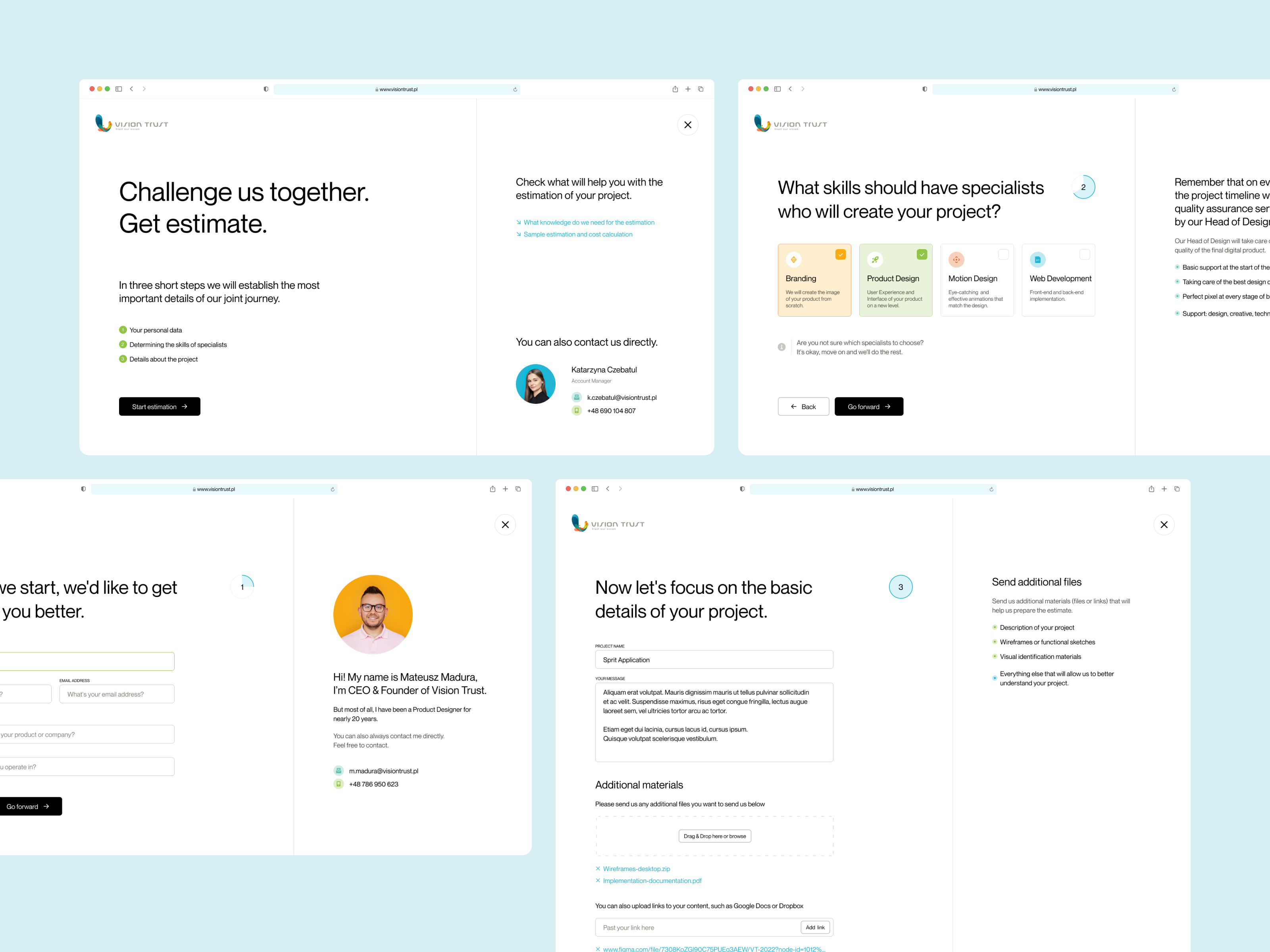 Vision Trust - Website 2023 / Contact 👨‍🚀🚀 calculator contact estimation form inquiry landing page onboarding onepage product design request responsive rwd ui ux web webdesign webdesigner website