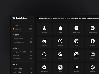 WebInMotion - Segments for Lottie animation code dark icons implementation json lottie menu minimal motion platform script segments webflow website