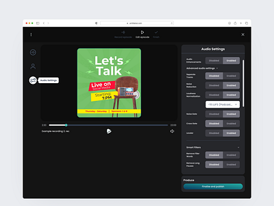 Audio web app recording settings UI audio audio podcast audio recording interface design music player music player recording ui player settings ui podcast app podcast platform podcast ui recording ui ui ux web app recording ui web ui
