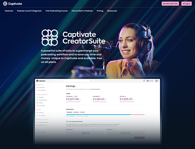 New Hero Section for Captivate's New Creator Suite. landing page podcasting ui web design