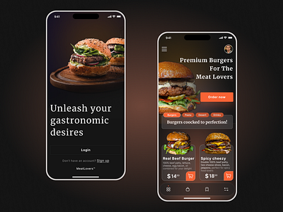 MeatLovers™ - food delivery mobile app agency app dark dark theme delivery design digital marketing exclusive exquisite food graphic design hamburger mobile app modern web design