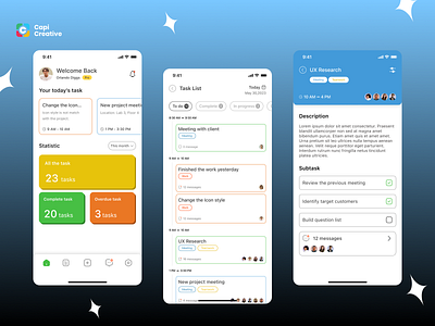 Task Managerment App - Mobile App Design app app design capi creative design home page management management app mobile mobile app productivity productivity app scrum model ui