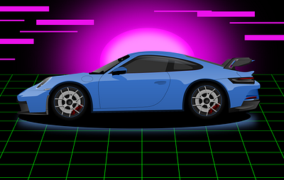 Car illustration 1980s 80s automobile background car carrera s 911 classic design detailed flat glowing illustration neon porsche retro sports car sunset synth wave tyre vector