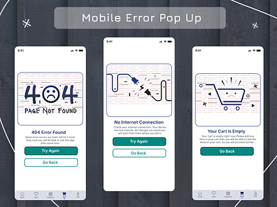 Mobile Error Screens 404 error awesome behance design dribble emparty cart error figma inspiration loading screen message mobile app motion graphics no internet connection photoshop portfolio screens ui ux work