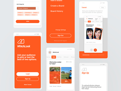 WhichLook - Personal & Market Testing (App Design) orange app tinder ui ui design ux design