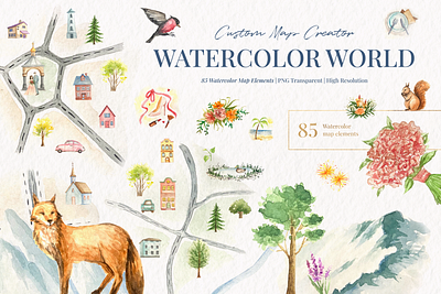 Watercolor World Map Creator animals buildings cars couples essential illustrations flowers graphic design illustration illustrations map map creator watercolor watercolor compositions watercolour illustrations
