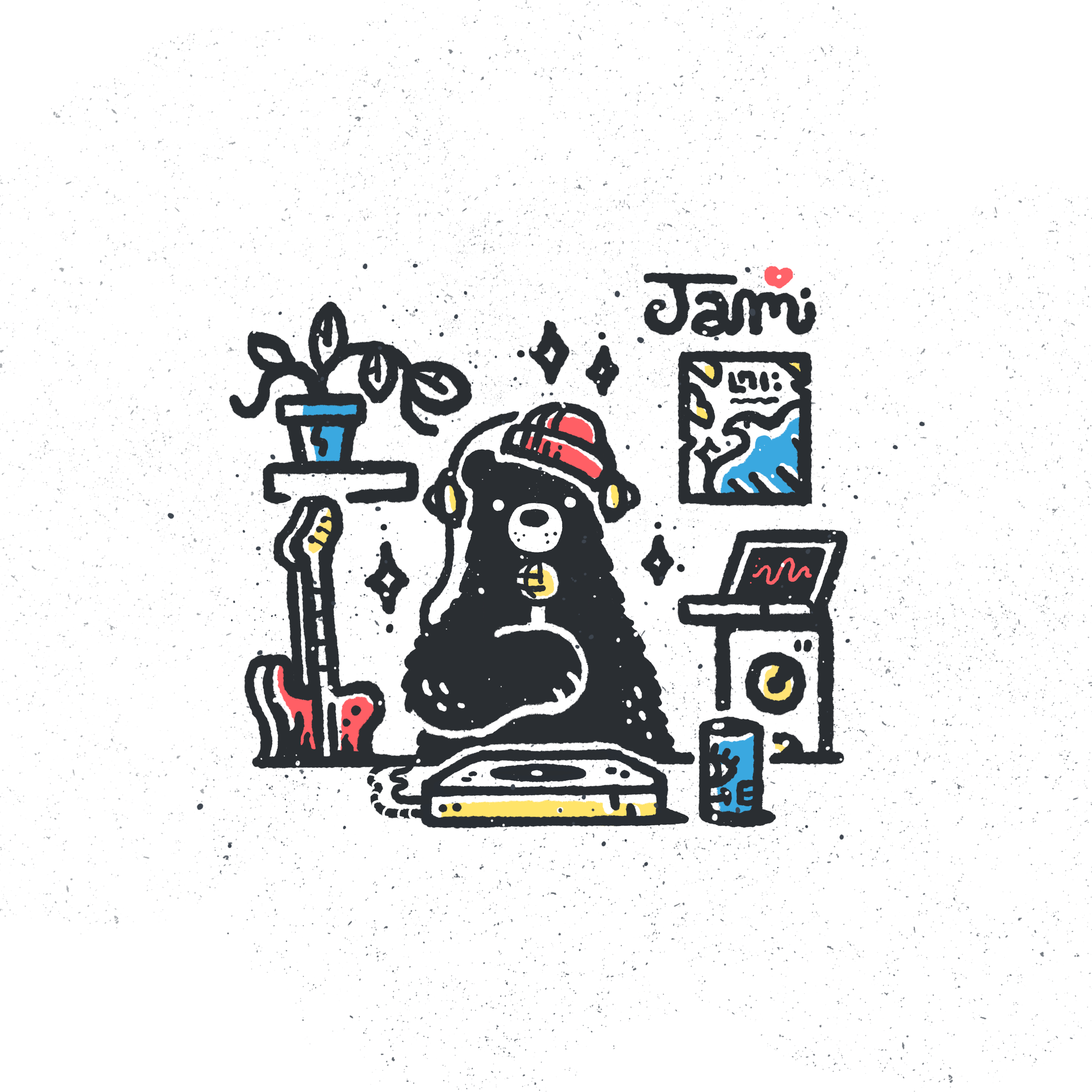 Jam-Time animal beanie bear deejay dj grizzly guitar illustration laptop mic microphone music musical negative space speaker turntable ursa