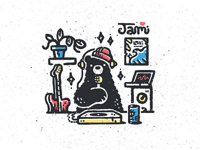 Jam-Time animal beanie bear deejay dj grizzly guitar illustration laptop mic microphone music musical negative space speaker turntable ursa