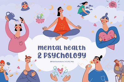 Mental Health & Yoga Characters Illustrations calm character design characters cute flat flat design flat illustration illustration illustrations meditation mental mental health psychology yoga